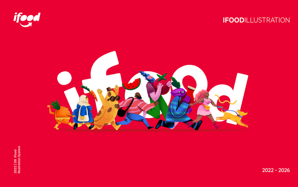 Logotipo do iFood em branco sobre vermelho, com personagens ilustrados correndo à frente das letras
