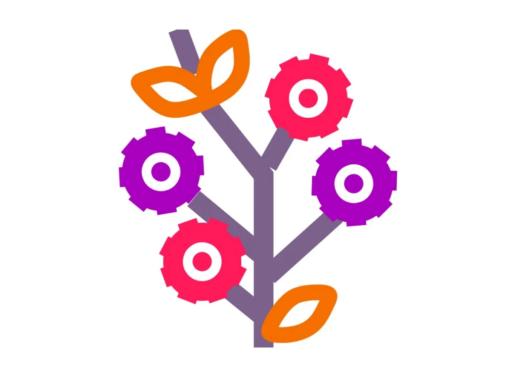 Ilustração de uma árvore em traço roxo com engrenagens roxas e vermelhas nas pontas dos galhos e folhas laranja, símbolo da acessibilidade sustentável da TetraLogical