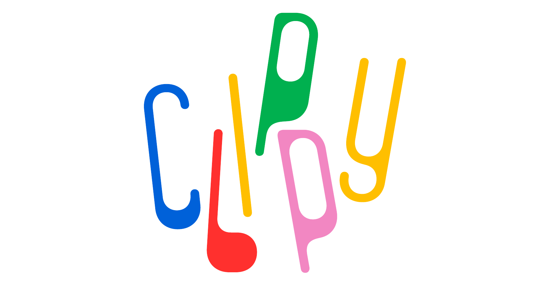 A palavra Clippy com cada letra numa cor, inclinadas para lados diferentes