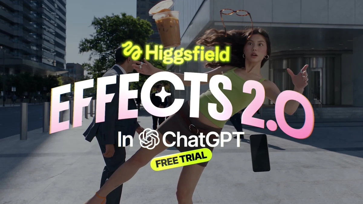 Imagem de divulgação com o logo da Higgsfield e o texto Effects 2.0 in ChatGPT, free trial, sobre a cena de uma mulher caindo numa calçada com copo de café, óculos e celular suspensos no ar