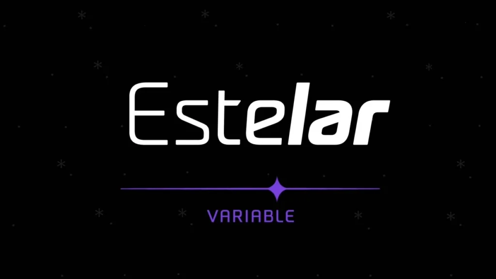 A palavra Estelar em branco sobre fundo preto estrelado, com as letras passando de fina e reta para pesada e inclinada, e a palavra VARIABLE abaixo