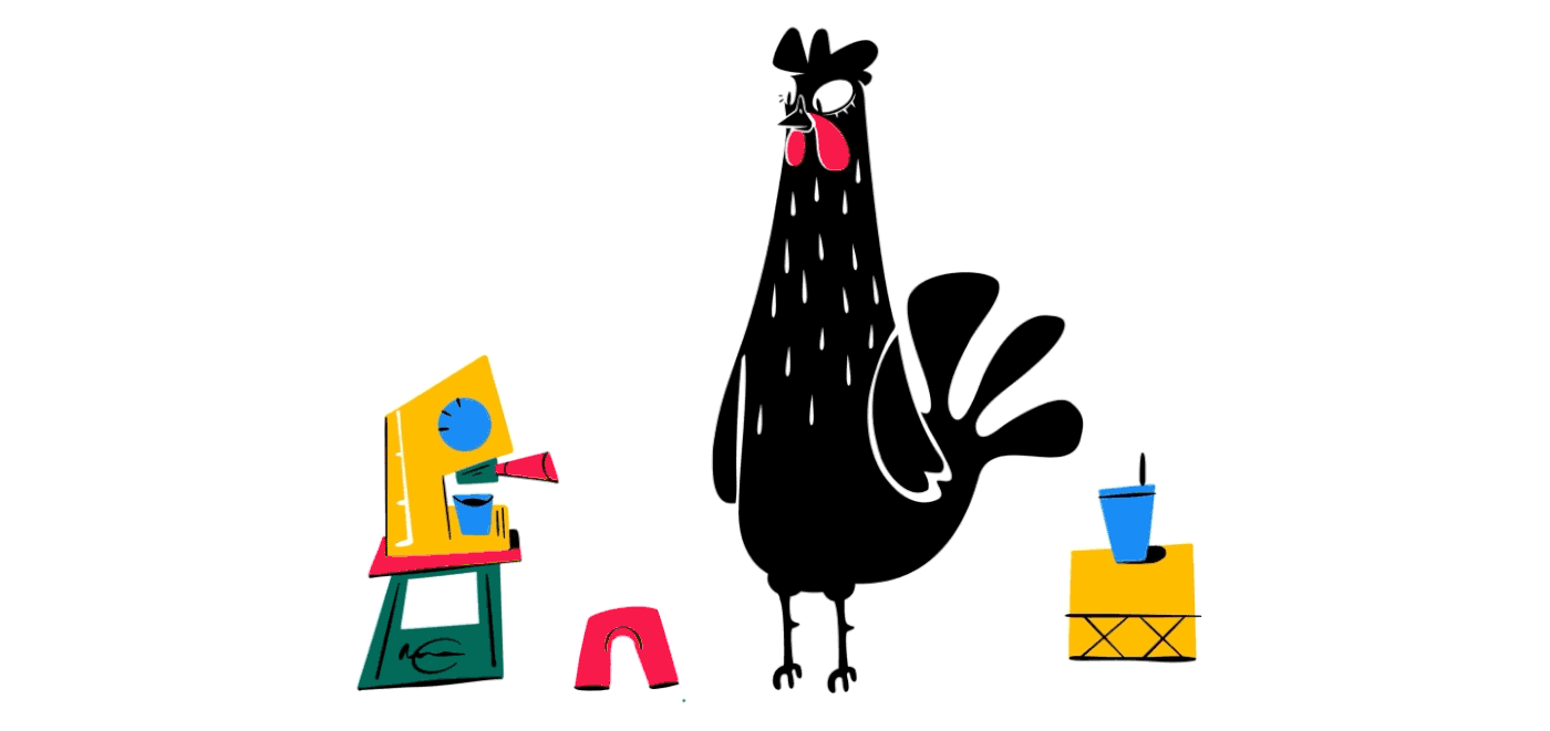 Mascote da Kokkōpi, um galo preto desenhado a traço, ao lado de uma cadeira e uma xícara