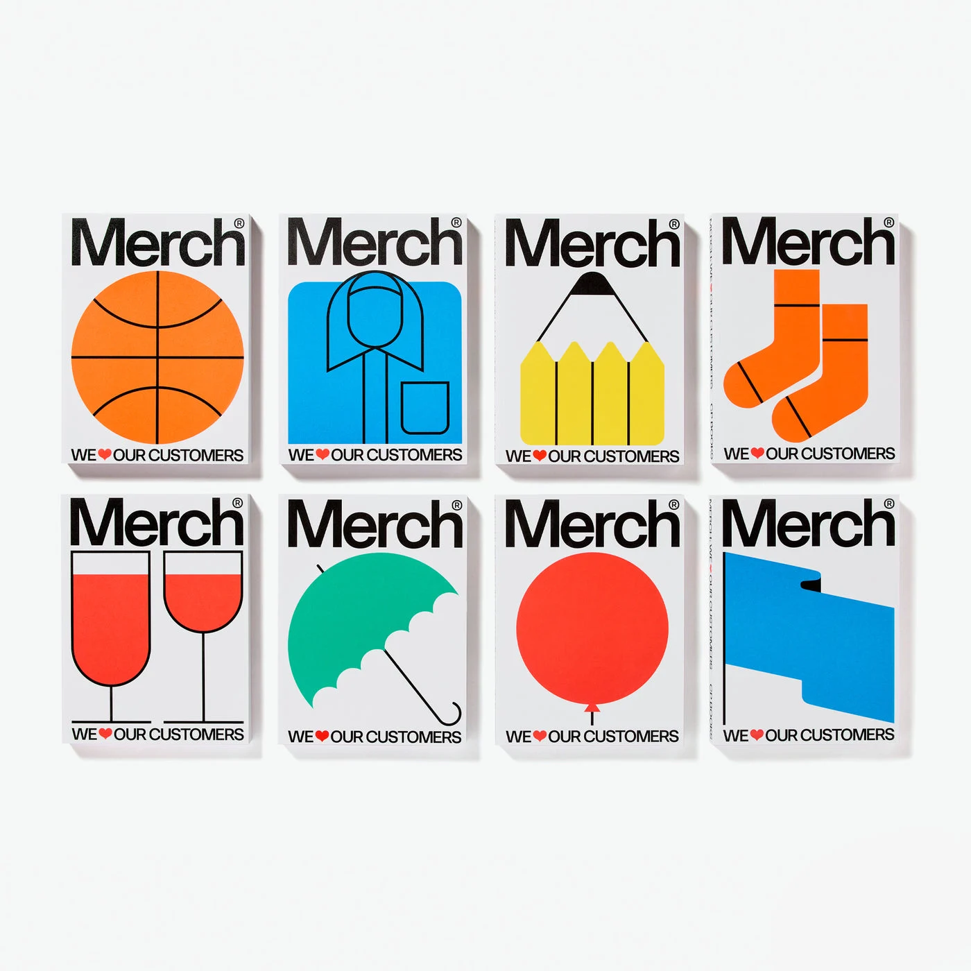 As oito capas de Merch lado a lado sobre fundo branco, cada uma com um objeto ilustrado em cor chapada: bola de basquete, camisa, lápis, meias, taças, guarda-chuva, balão e bandeira, e a frase We love our customers com um coração vermelho
