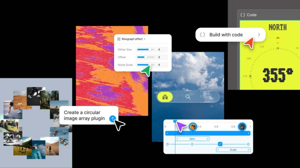 Colagem de divulgação do Config 2026 com um pedido ao agente, Create a circular image array plugin, ao lado de fotos dispostas em círculo, um painel de efeito risográfico com controles deslizantes, uma bússola em código e uma linha do tempo de animação