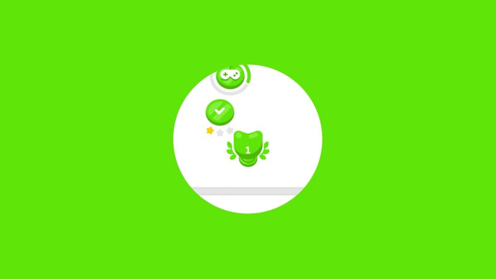 Fundo verde da Duolingo com a coruja Duo dentro de um círculo branco e ícones de progresso