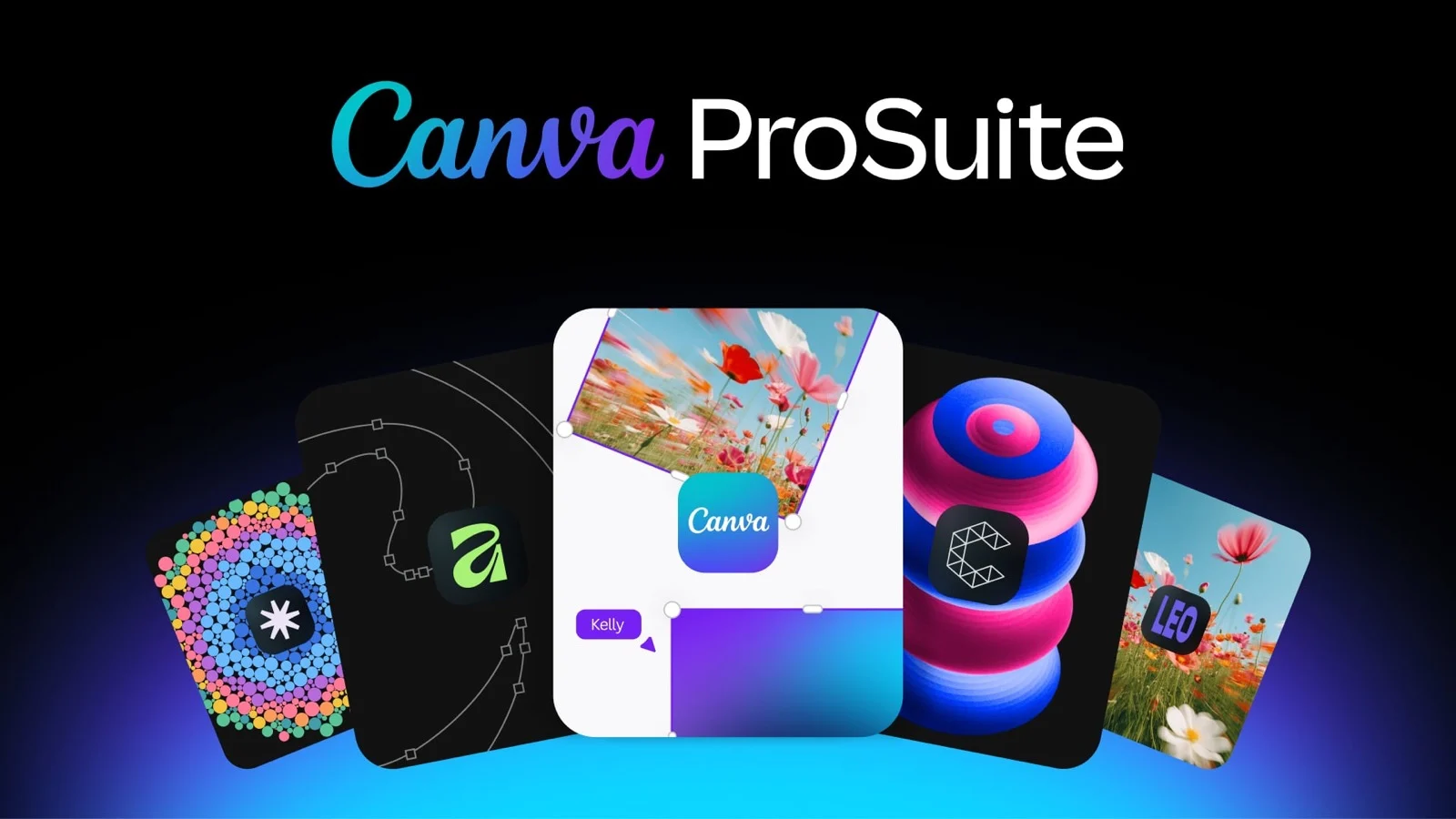 Logo do Canva ProSuite sobre um leque de cartões coloridos com os ícones de Flourish, Affinity, Canva, Cavalry e Leonardo, em fundo escuro com brilho azul