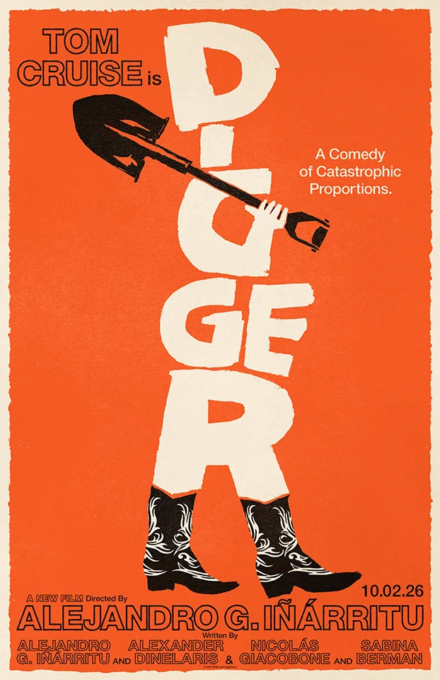 Teaser de Digger: as letras brancas do título empilhadas na vertical formam um corpo com botas de caubói e uma mão segurando uma pá, sobre fundo laranja