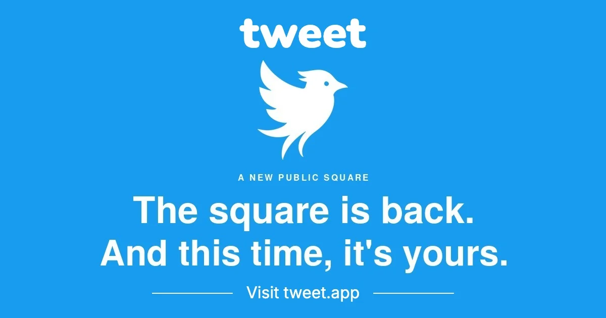 Wordmark tweet em branco sobre azul, com um pássaro branco de asa aberta e o texto The square is back. And this time, it's yours.