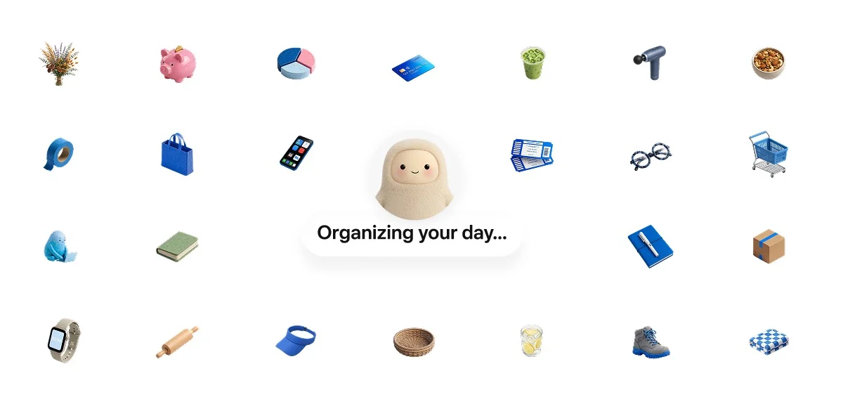 Avatar do Muse com o status Organizing your day, cercado de ícones de objetos do dia a dia
