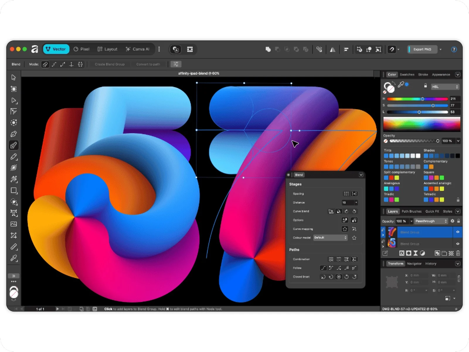 Tela do Affinity com a Blend Tool: os números 5 e 7 em volumes de degradê colorido, com o caminho da mescla selecionado e o painel Blend aberto