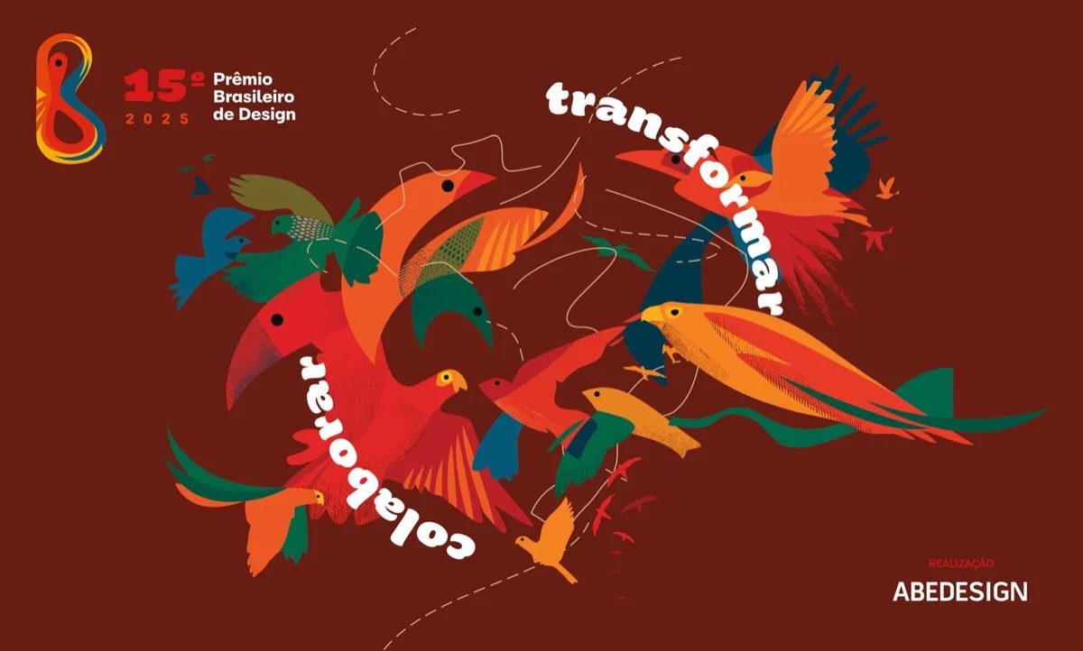 Capa do catálogo do BDA 2025, com pássaros ilustrados em vermelho, verde e azul sobre fundo marrom e as palavras colaborar e transformar