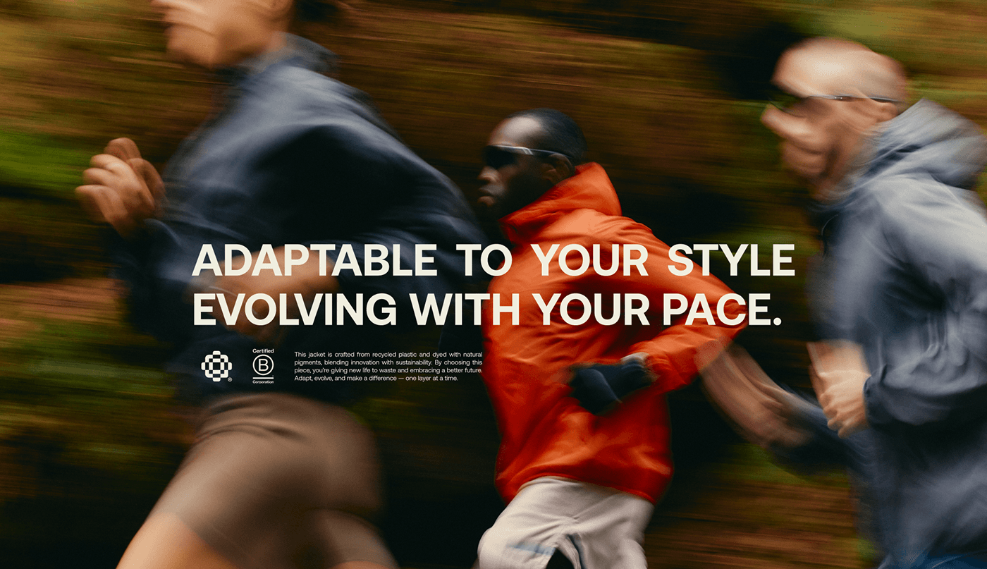 Corredores de laranja e cinza em movimento, com a frase adaptable to your style, evolving with your pace