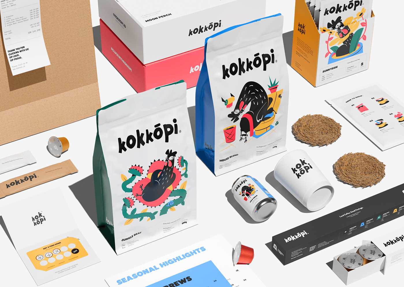 Conjunto de embalagens de café da Kokkōpi, sacos, caixas e xícaras com ilustrações