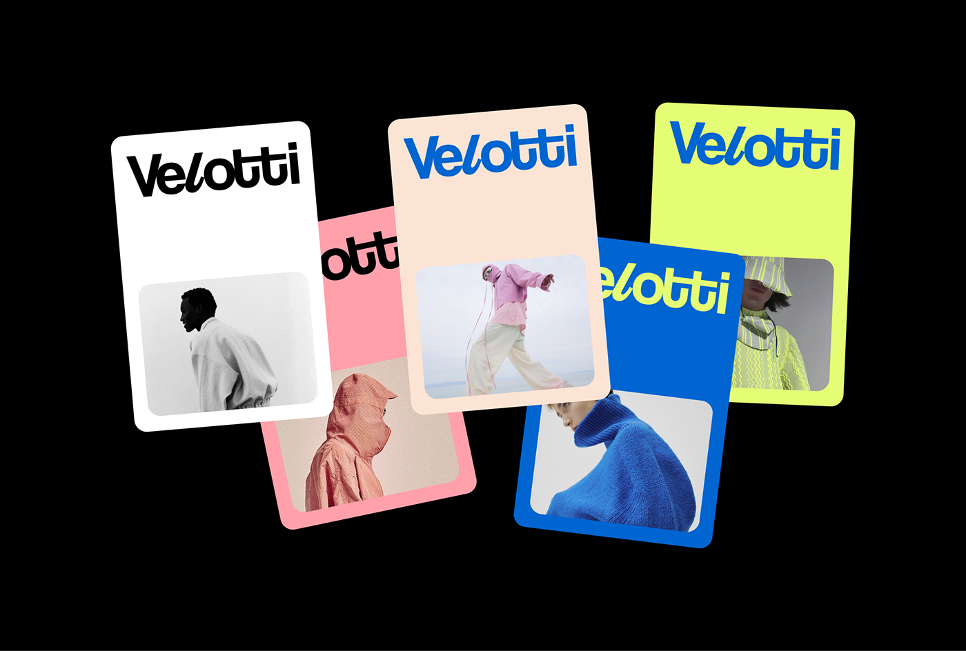 Etiquetas coloridas da Velotti em branco, rosa, azul e verde, com fotos de modelos