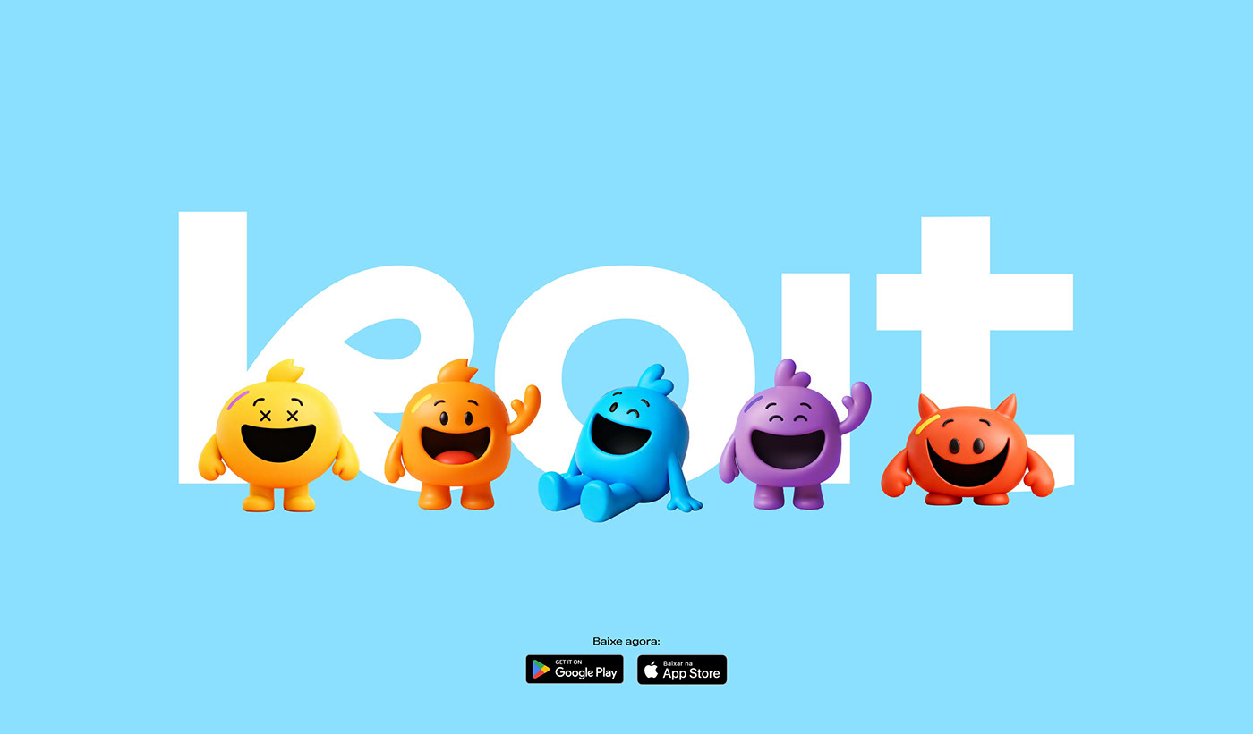 Cinco mascotes coloridos em forma de balão de conversa sob o logotipo koit, em fundo azul-claro