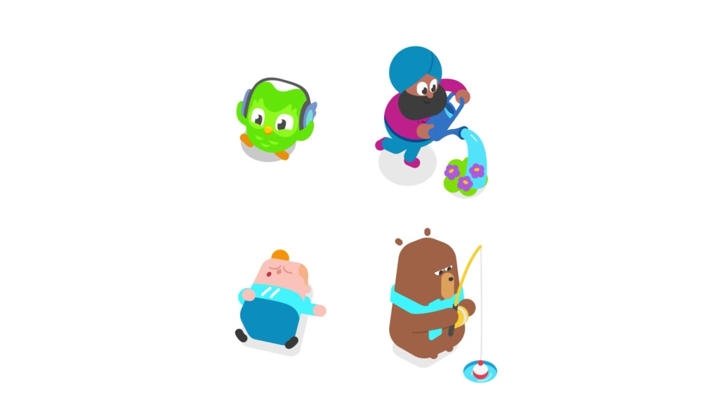 Quatro personagens da Duolingo animados sobre fundo branco