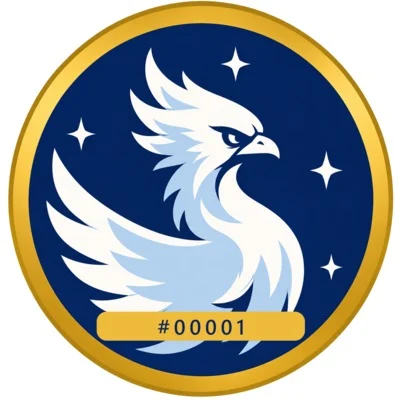 Selo redondo Founder: pássaro branco sobre azul-marinho com estrelas, moldura dourada e a faixa #00001