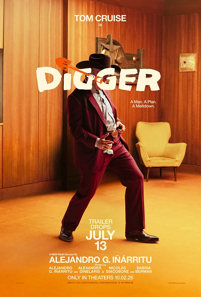 Teaser de Digger: Tom Cruise de terno bordô e chapéu de caubói numa sala de madeira, com o logotipo cobrindo o rosto e uma pá laranja atravessando as letras