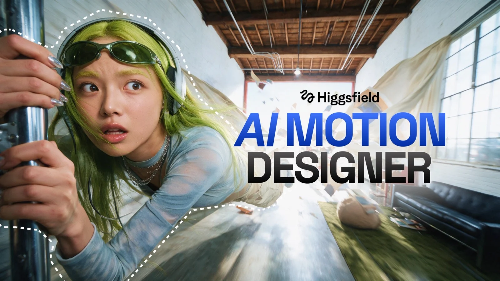 Capa do AI Motion Designer: mulher de cabelo verde agarrada a um cano, contornada por linha tracejada, num galpão onde papéis e objetos voam, com o título AI Motion Designer