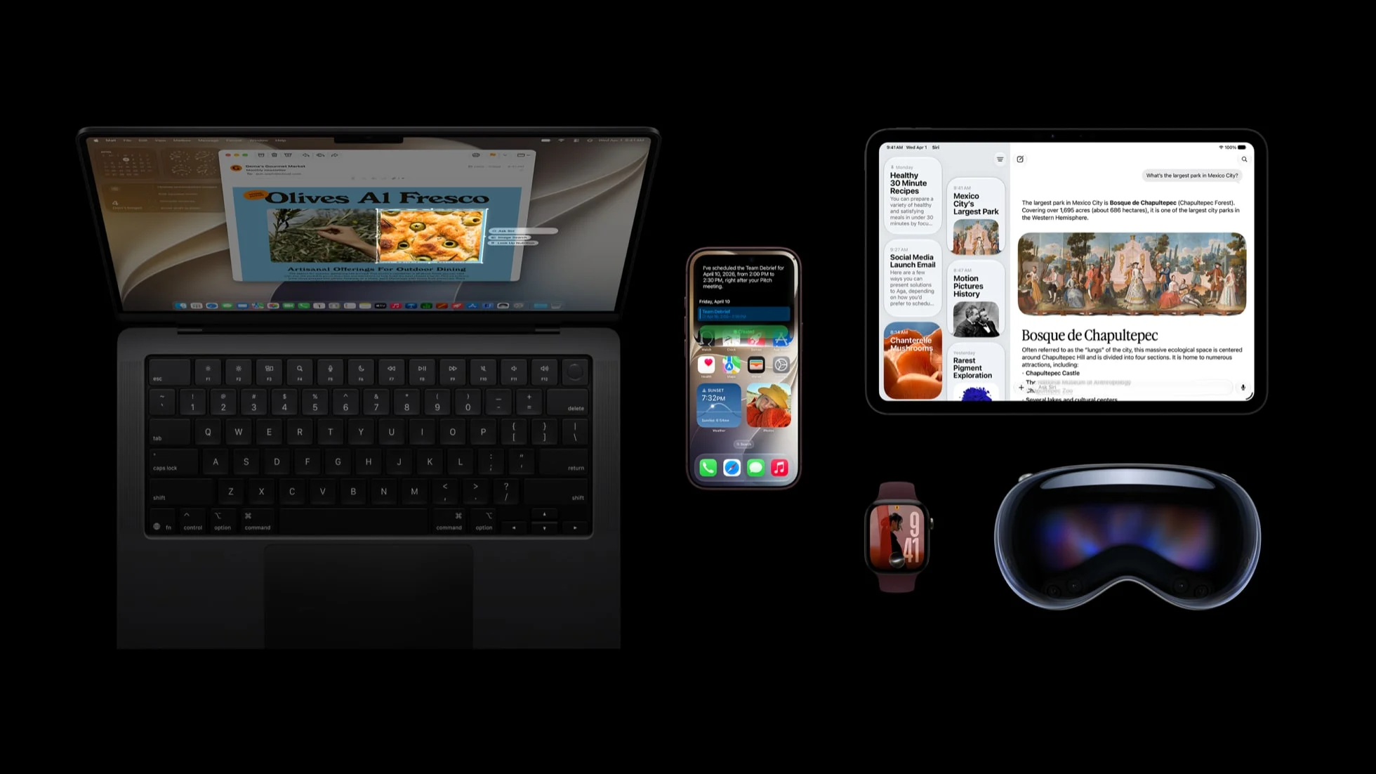 Mac, iPhone, iPad, Apple Watch e Apple Vision Pro sobre fundo preto, com as telas nos sistemas da versão 27