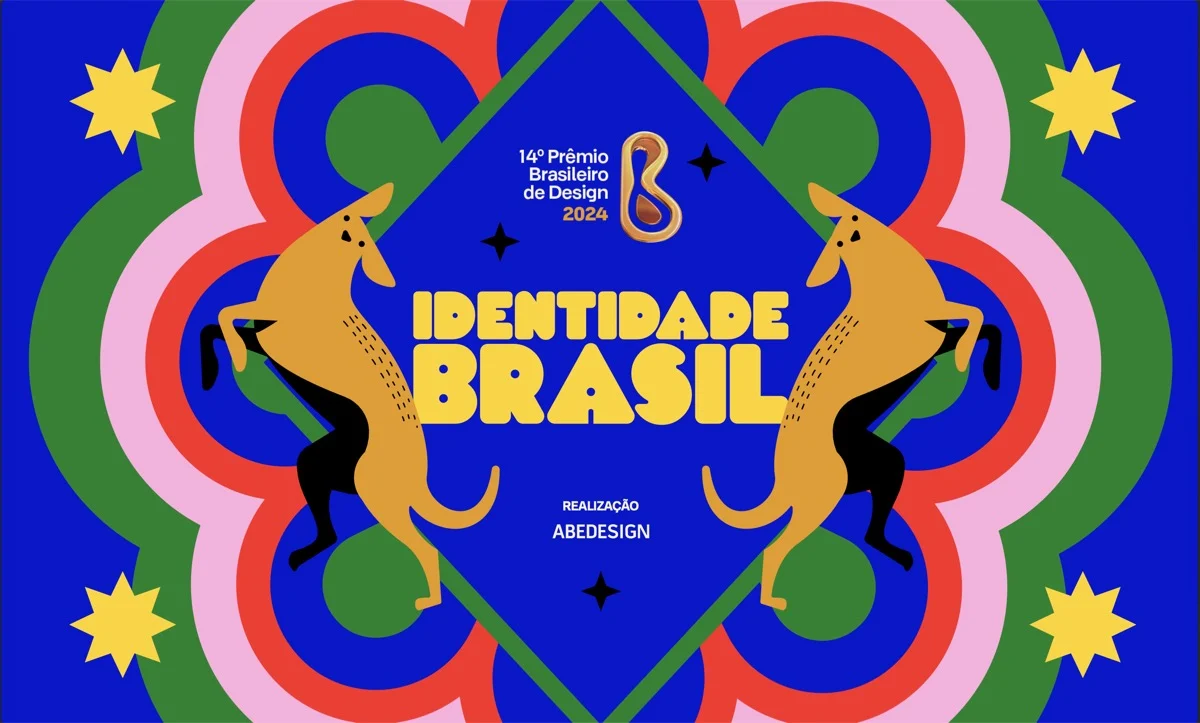 Capa do catálogo do BDA 2024, com dois lobos-guará simétricos em fundo azul e a frase Identidade Brasil