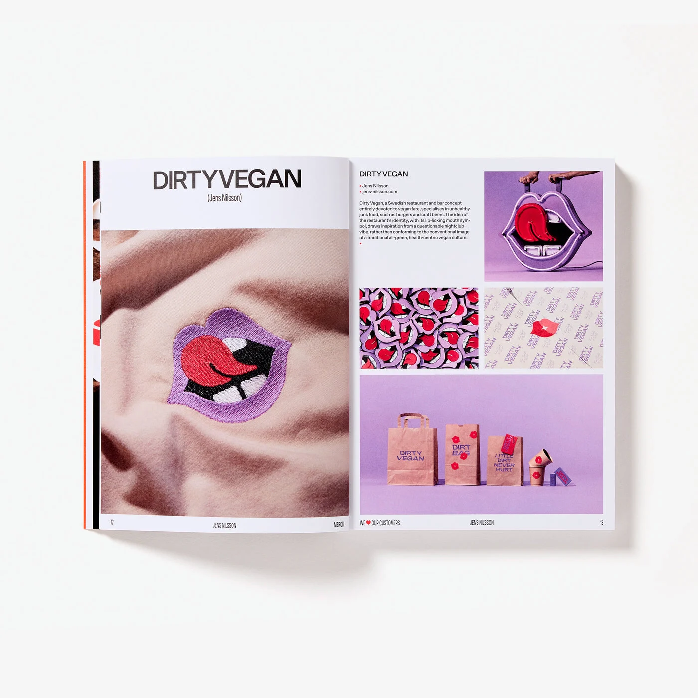 Páginas abertas com o Dirty Vegan, de Jens Nilsson: a boca com a língua de fora bordada num moletom rosa, padrões lilás e sacos de papel pardo com a marca
