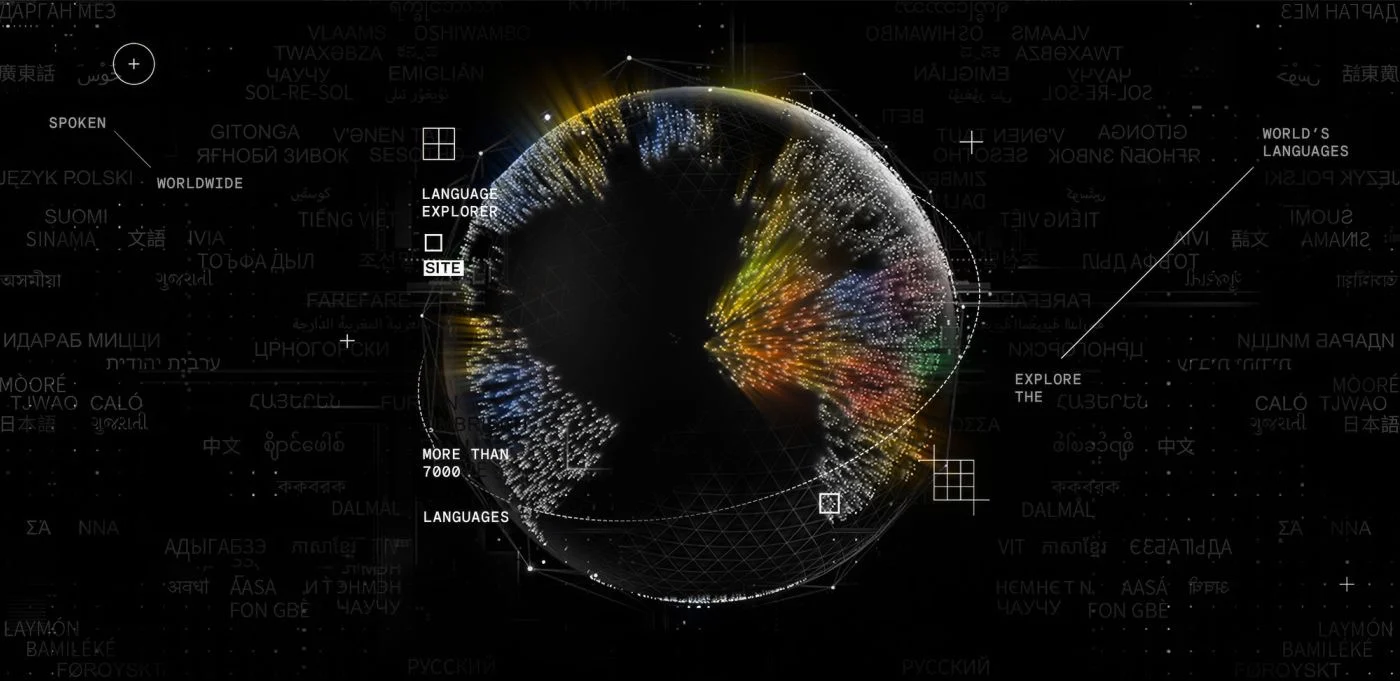 Globo 3D feito de pontos coloridos sobre fundo preto, cercado por nomes de línguas, no site Language Explorer do Google Research