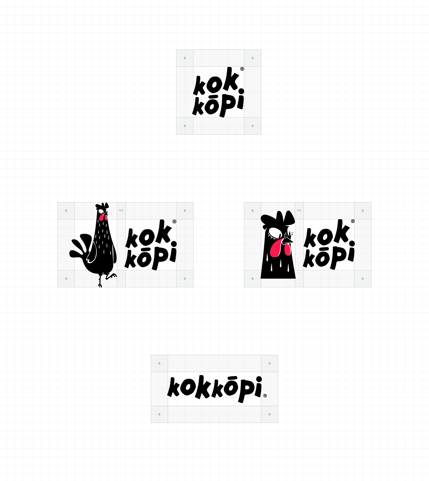 Variações do logotipo Kokkōpi com o galo, sobre fundo branco