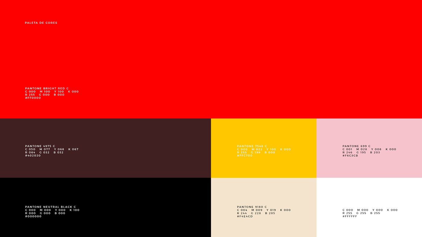 Paleta da Felici: vermelho, vinho, amarelo, rosa e preto