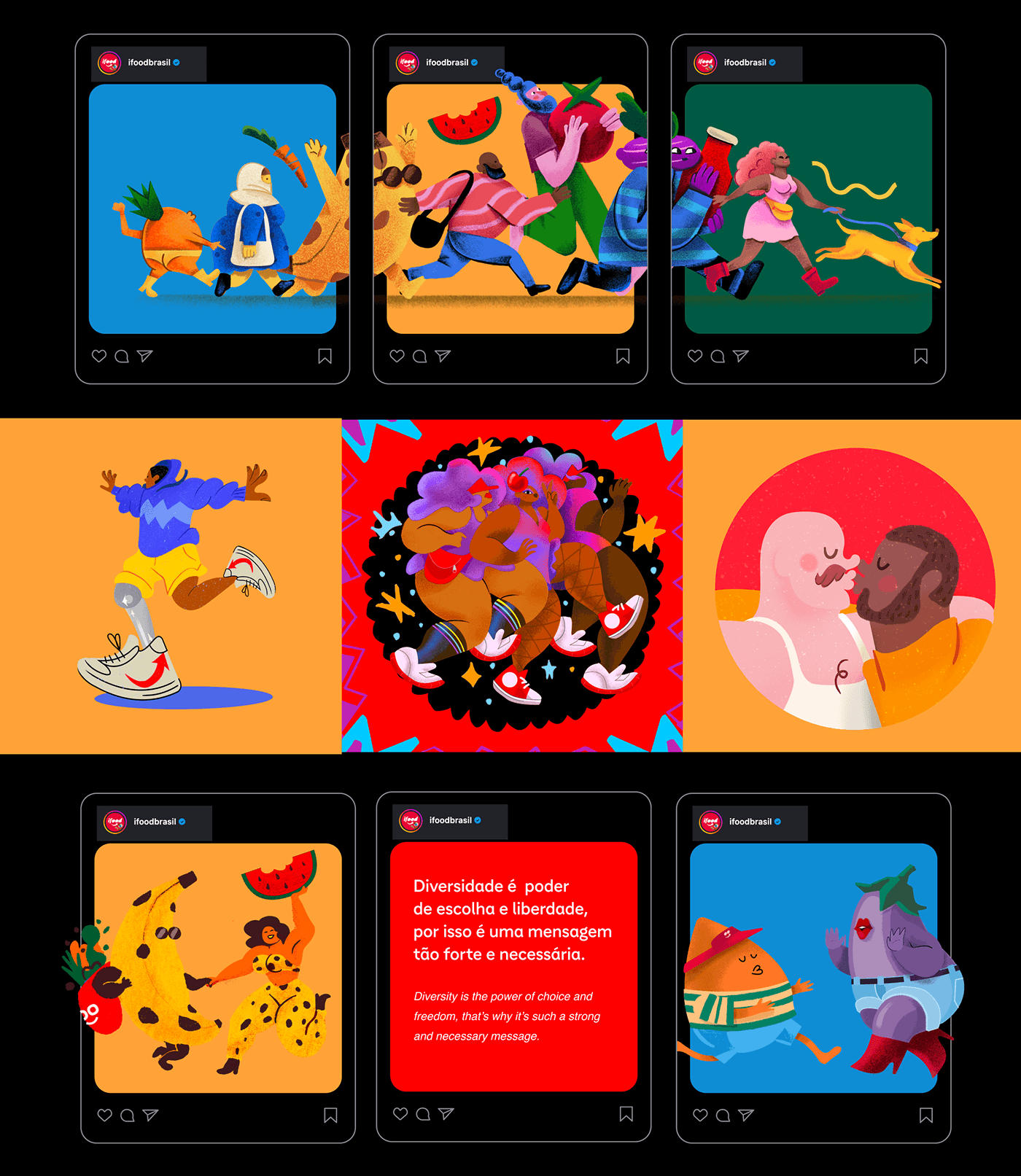 Grade de posts do iFood com personagens de corpos diversos, uma pessoa com prótese de perna e um casal se beijando