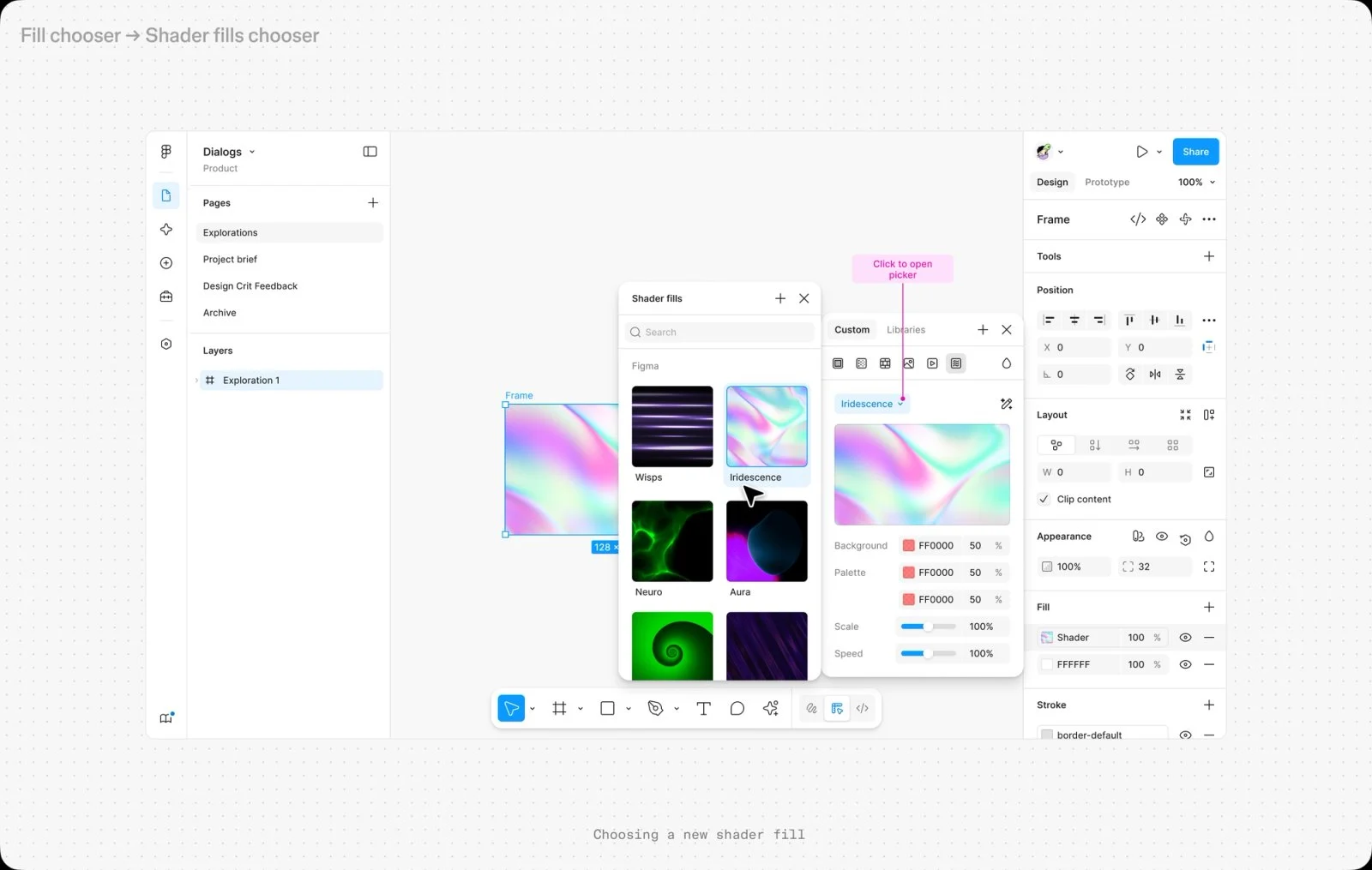 Estudo de interface do Figma Design com o seletor Shader fills aberto e o preenchimento Iridescence aplicado a um frame, com controles de paleta, escala e velocidade
