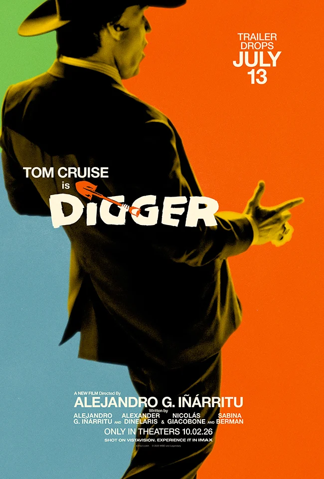 Teaser de Digger: Tom Cruise de costas, em duotom, sobre fundo dividido em verde, azul e laranja