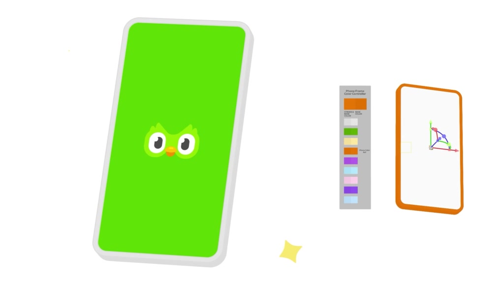 Rig 3D de um celular verde com a coruja Duo, ao lado de uma paleta de cores