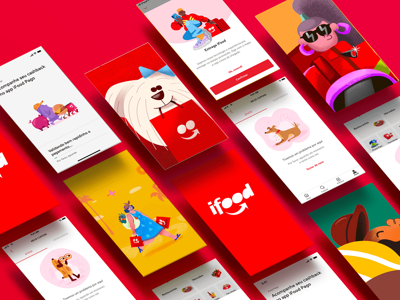 Telas do aplicativo do iFood em perspectiva, com as ilustrações aplicadas em estados de erro, cupons e pagamento
