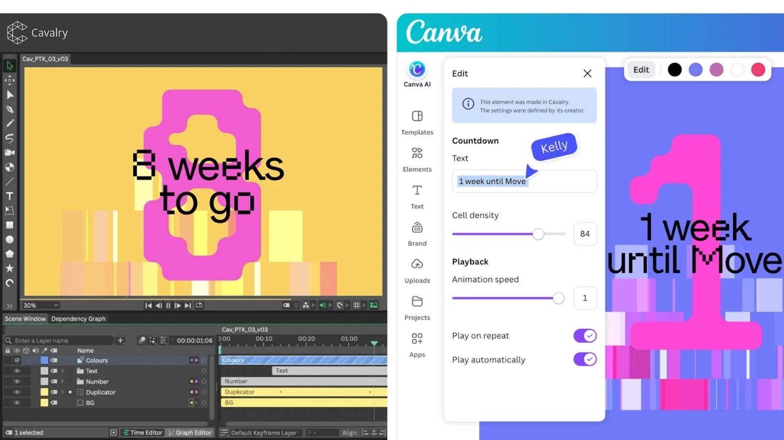 Animação de contagem regressiva criada no Cavalry com o texto 8 weeks to go, ao lado da mesma animação editada no Canva, onde o texto virou 1 week until Move