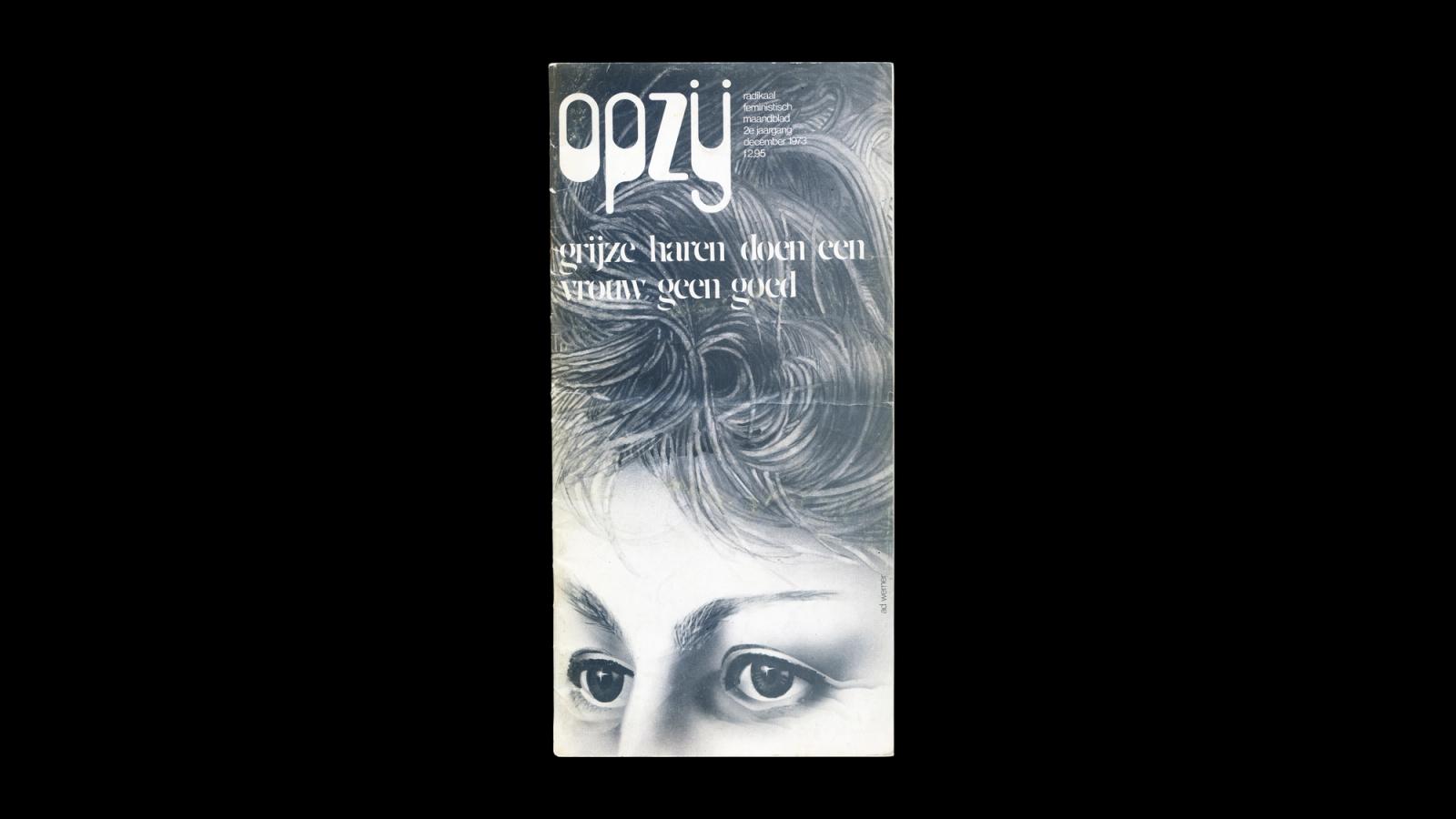 Capa da revista Opzij com o logotipo em letras cheias e o rosto de uma mulher