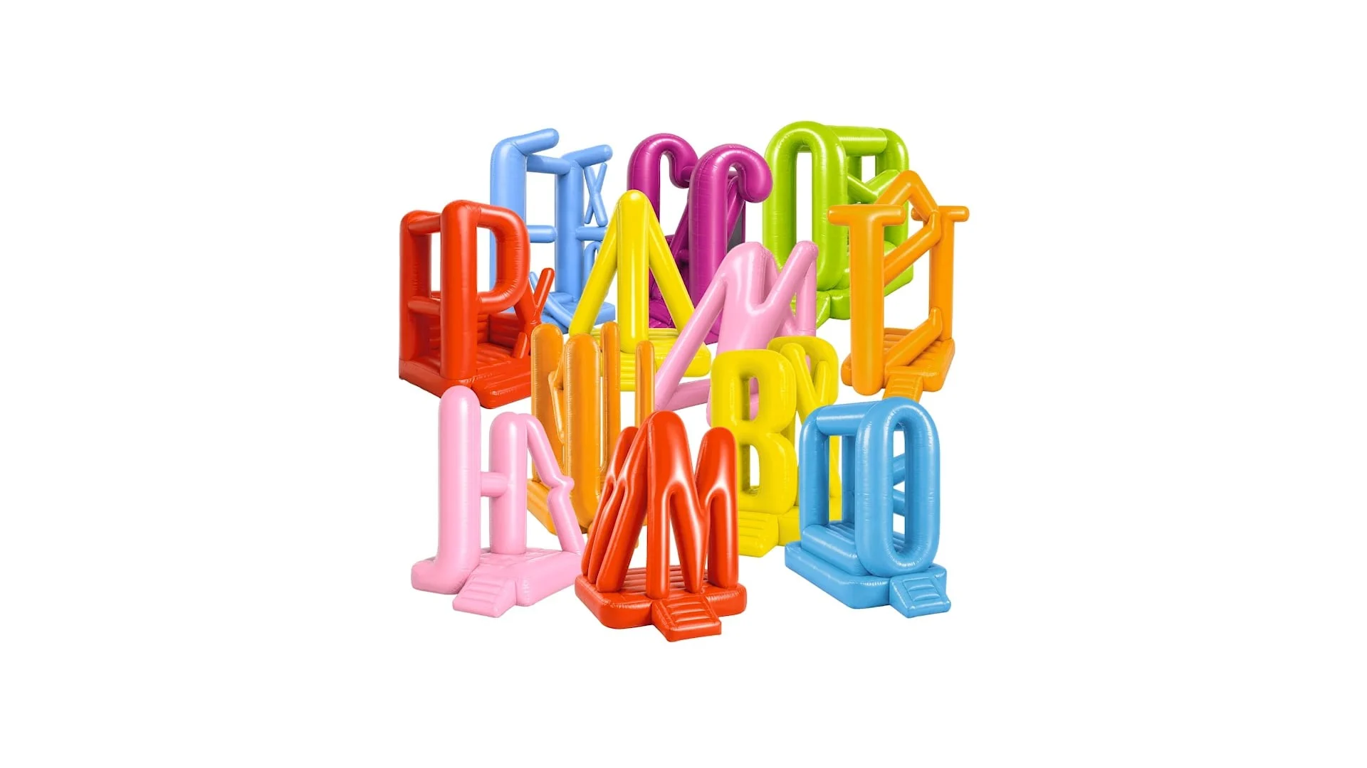 Letras maiúsculas da Peignot Jumbo representadas como brinquedos infláveis coloridos, com bases de piscina, encostadas umas nas outras sobre fundo branco