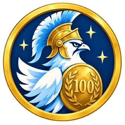 Selo redondo Centurion: pássaro branco com elmo romano e escudo dourado com o número 100
