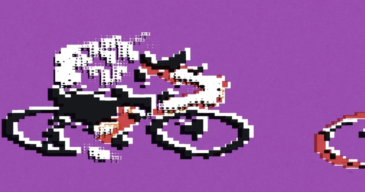 Ilustração de um ciclista em pixels pretos, brancos e vermelhos sobre fundo roxo, com efeito de pontilhado aplicado por shader