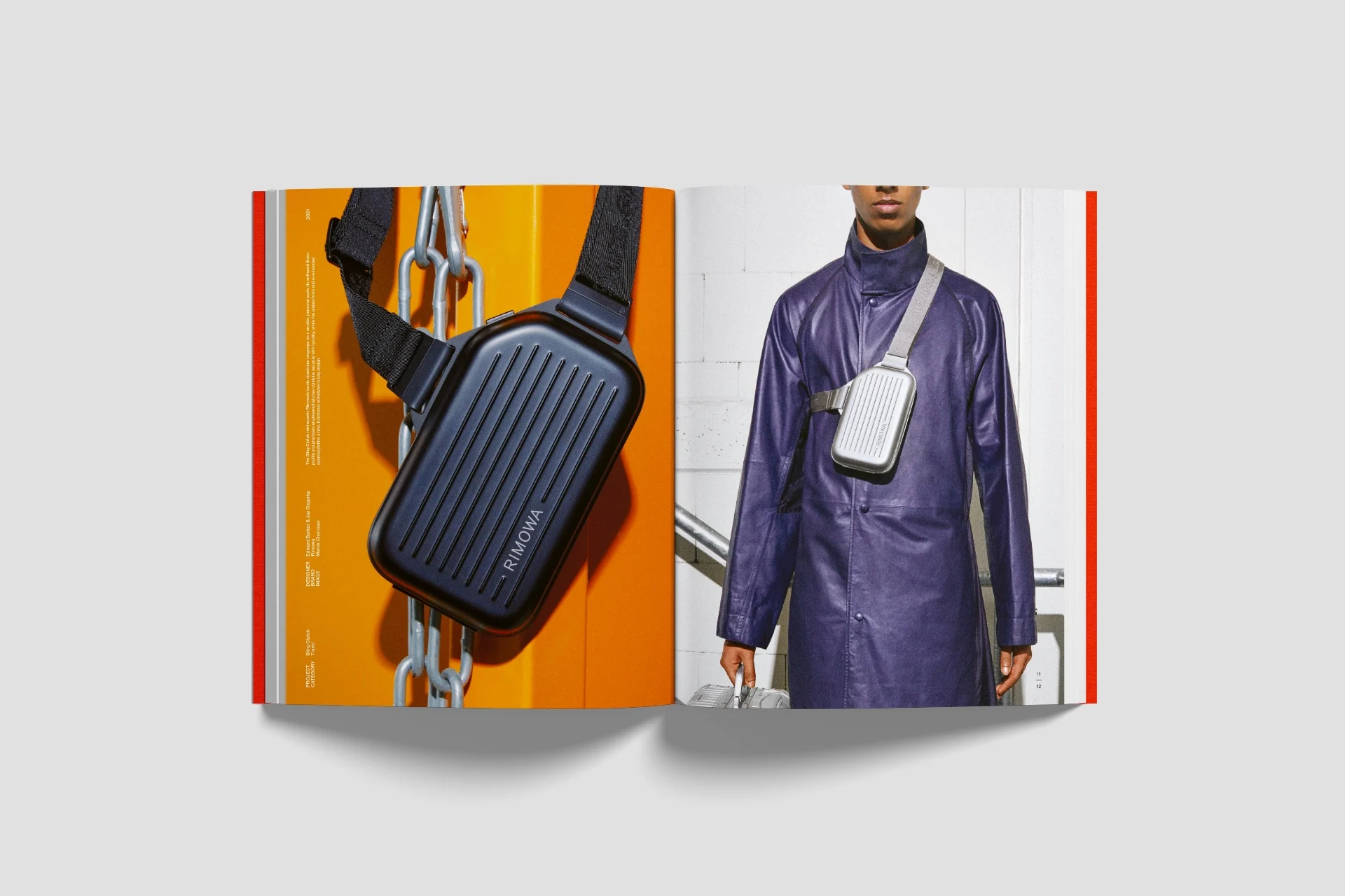 Página dupla do livro com a Sling Clutch da Rimowa: à esquerda a bolsa preta canelada sobre fundo laranja, com a ficha do projeto em letras miúdas na margem; à direita, um modelo de casaco roxo usando a versão prateada a tiracolo