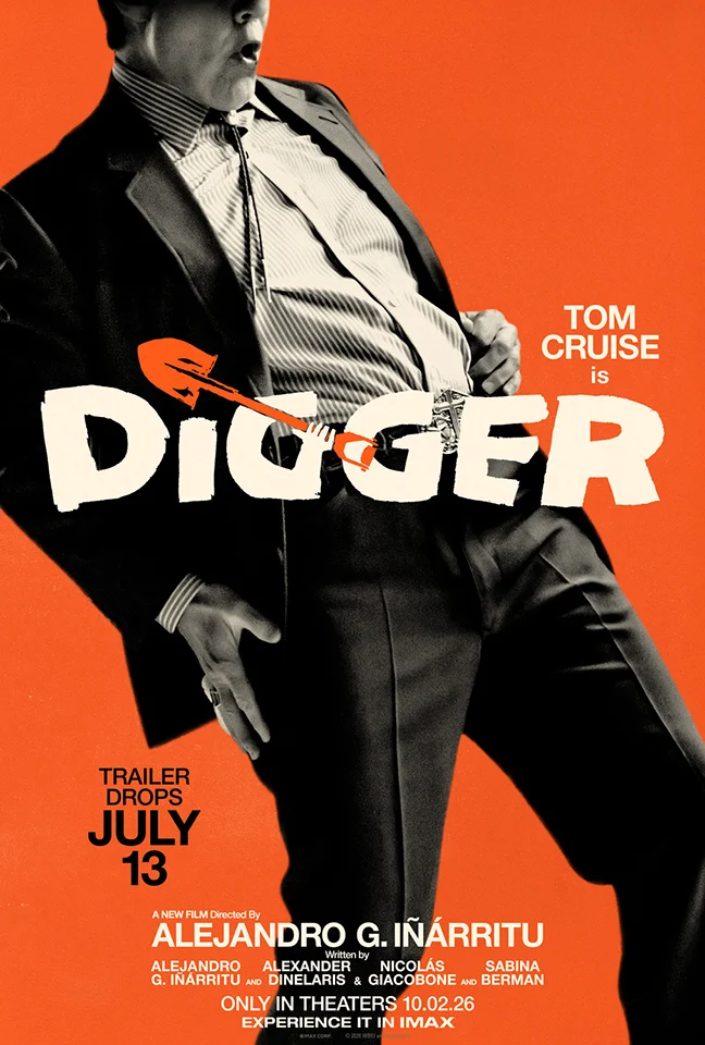 Teaser de Digger: foto em preto e branco de Tom Cruise de terno, cortada no rosto, sobre fundo laranja, com o logotipo na altura da cintura