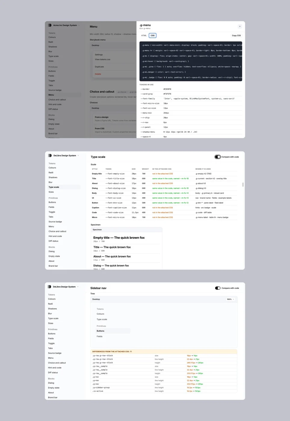 Painel com o CSS de um menu e os tokens em uso, tabela de escala tipográfica comparada ao CSS anexado e lista de diferenças encontradas