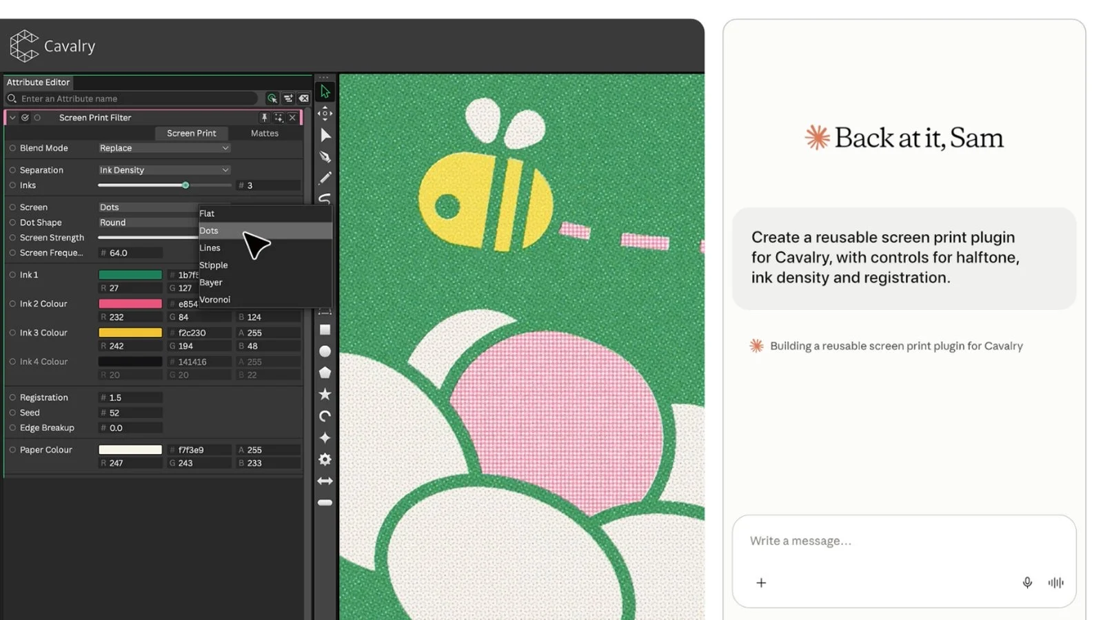 Cavalry com um filtro de serigrafia aplicado a uma ilustração de abelha e flor, ao lado de uma janela de chat onde se pede a criação de um plugin de serigrafia