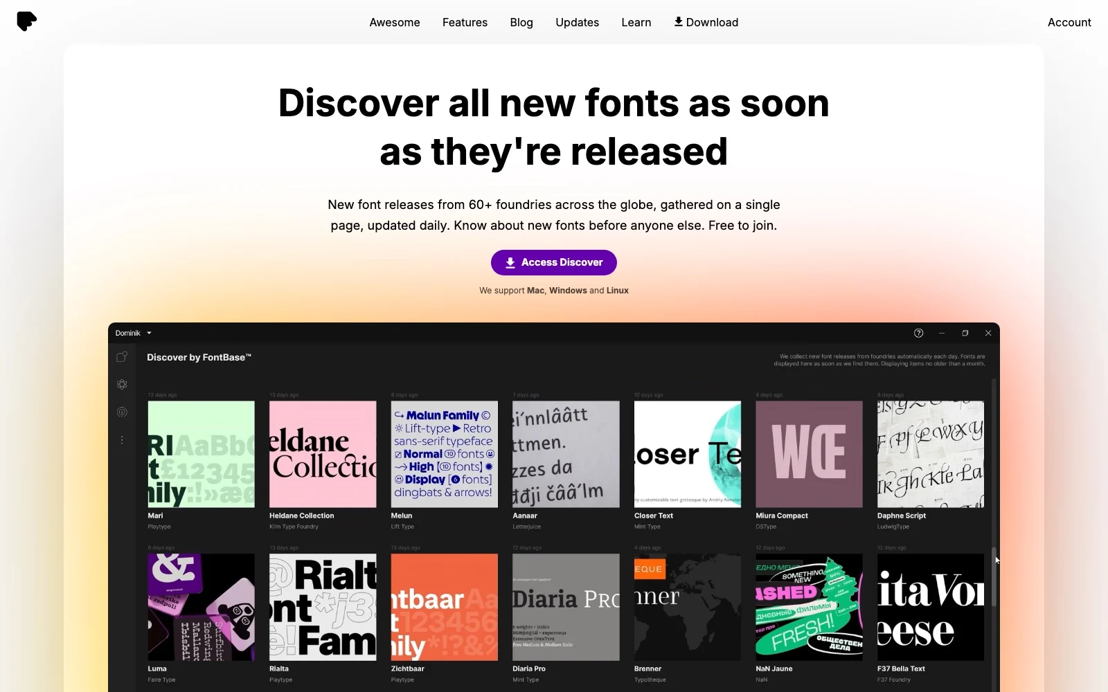 Tela Discover by FontBase com miniaturas de lançamentos de foundries como Playtype, Klim, Lift Type e Letterjuice