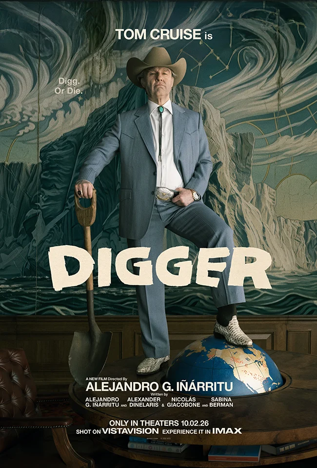 Key art de Digger: Tom Cruise de terno azul e chapéu, com uma pá e o pé sobre um globo, diante de um painel pintado com geleira e mar